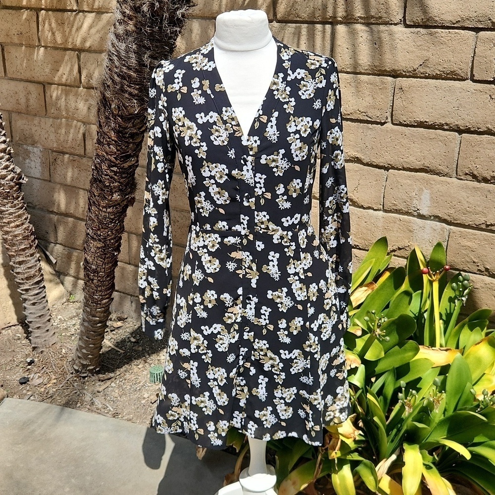Michael Kors Black Green Floral V Neck Long Sleeve Shirt Mini Dress Small